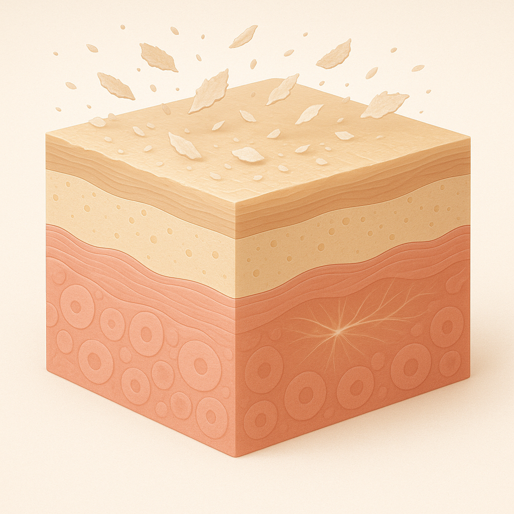 Medicinsk illustration af kemisk peeling der viser hudlag i tværsnit med opløsning af stratum corneum og stimulation af kollagen i dermis 